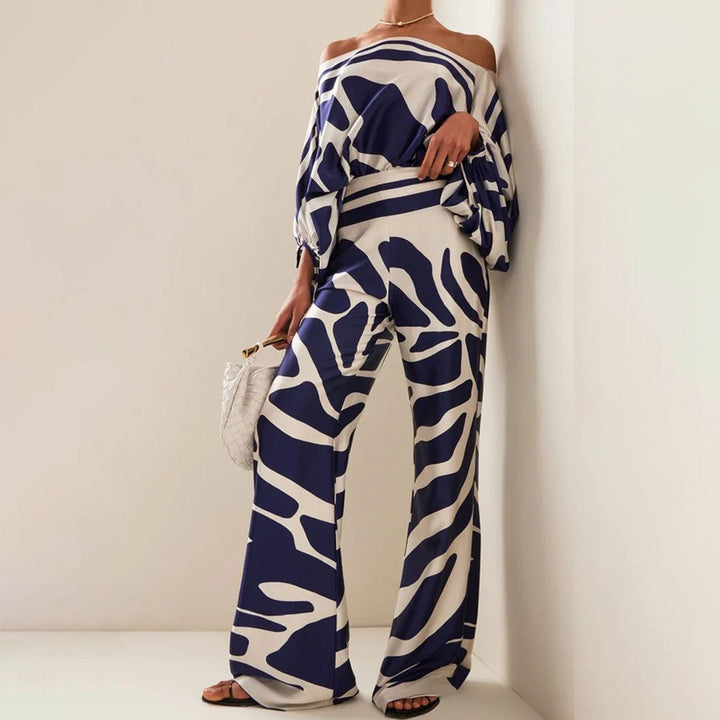 Back view of a women's off-shoulder summer two-piece set, showcasing the comfortable casual fit.