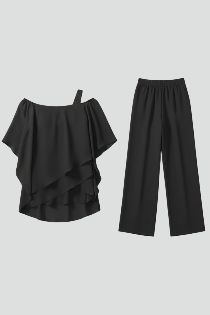 Women's chic off-shoulder top & straight-leg pants two-piece set for effortless summer style.