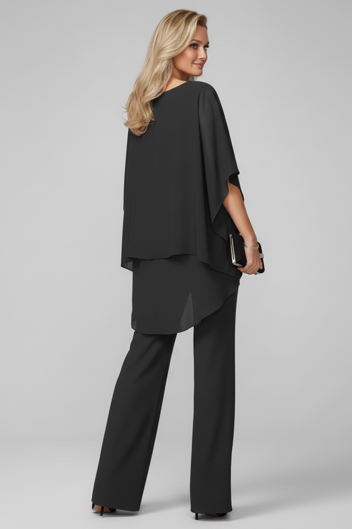 Chic women's two-piece set featuring a stylish off-shoulder top and straight-leg trousers.