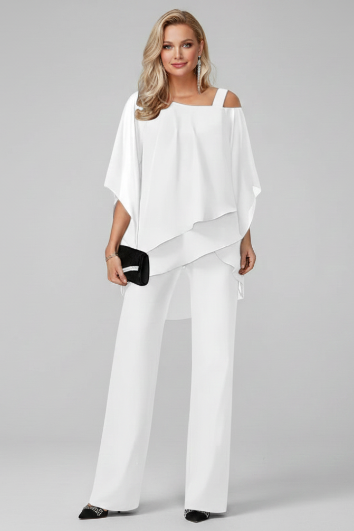 Versatile women's off-shoulder top and straight-leg pants set, ideal for chic casual wear.