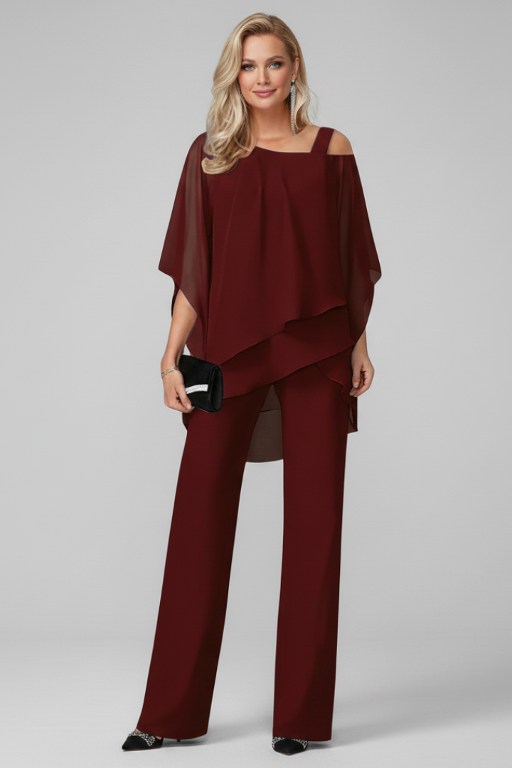 Effortless women's fashion: off-shoulder top with matching straight-leg pants two-piece ensemble.