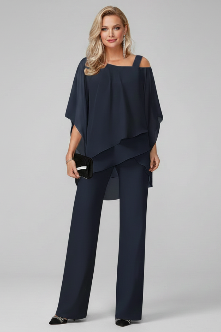 Women's chic two-piece set: off-shoulder blouse and comfortable straight-leg pants, elastic waist.