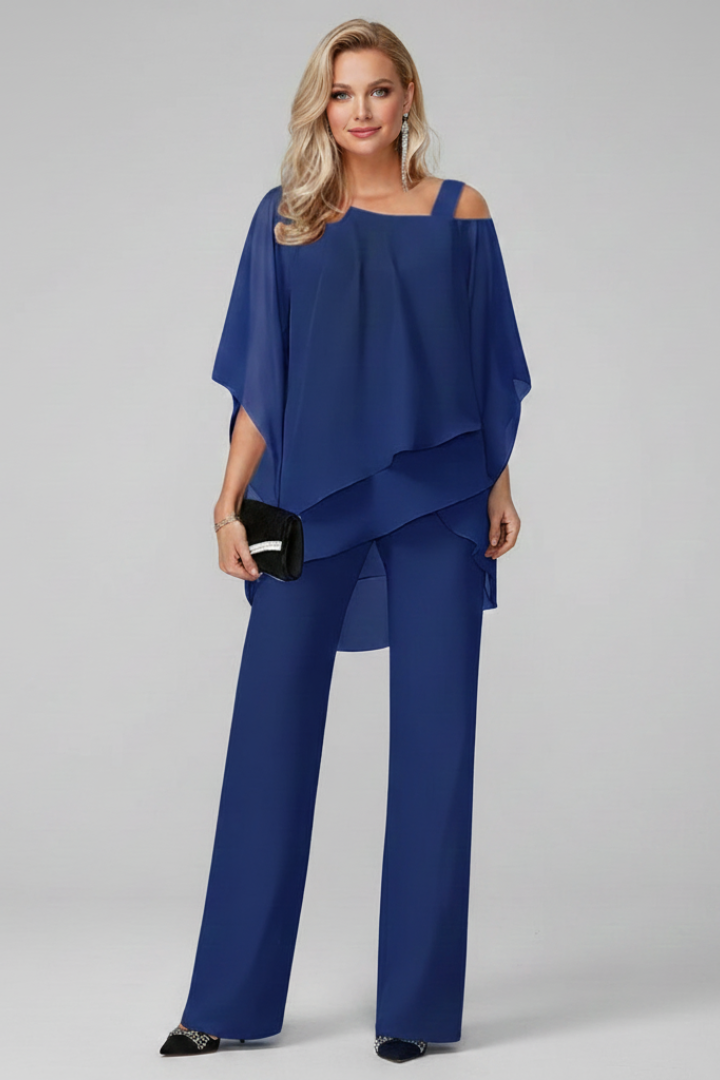 Coordinated women's off-shoulder top & straight-leg pants set, perfect for an elegant spring look.