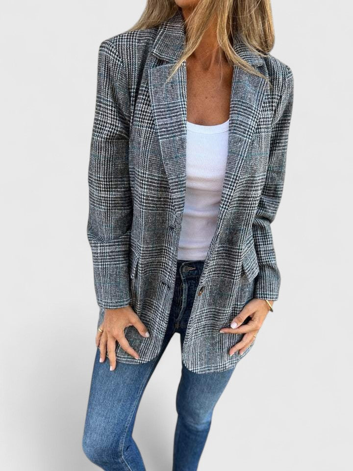 Effortless women's plaid boyfriend blazer, perfect business casual or stylish everyday outerwear.