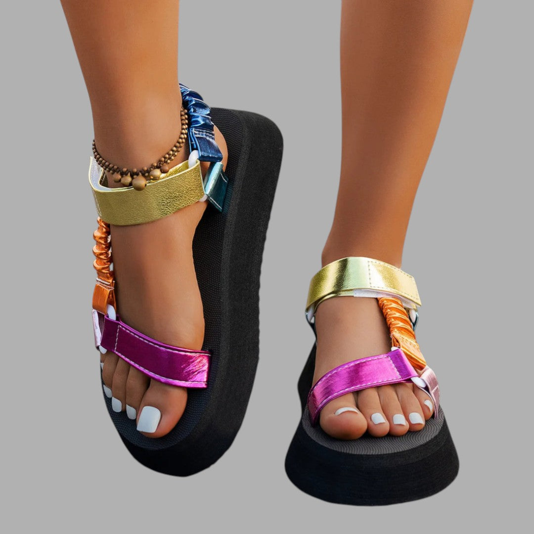 Trendy iridescent platform sandals for women, stylish and comfortable, ideal for evening shoes or summer wear.