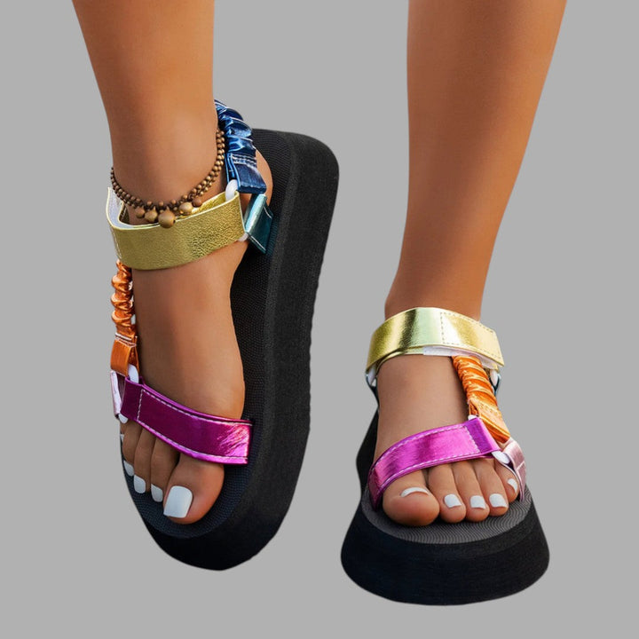 Trendy iridescent platform sandals for women, stylish and comfortable, ideal for evening shoes or summer wear.