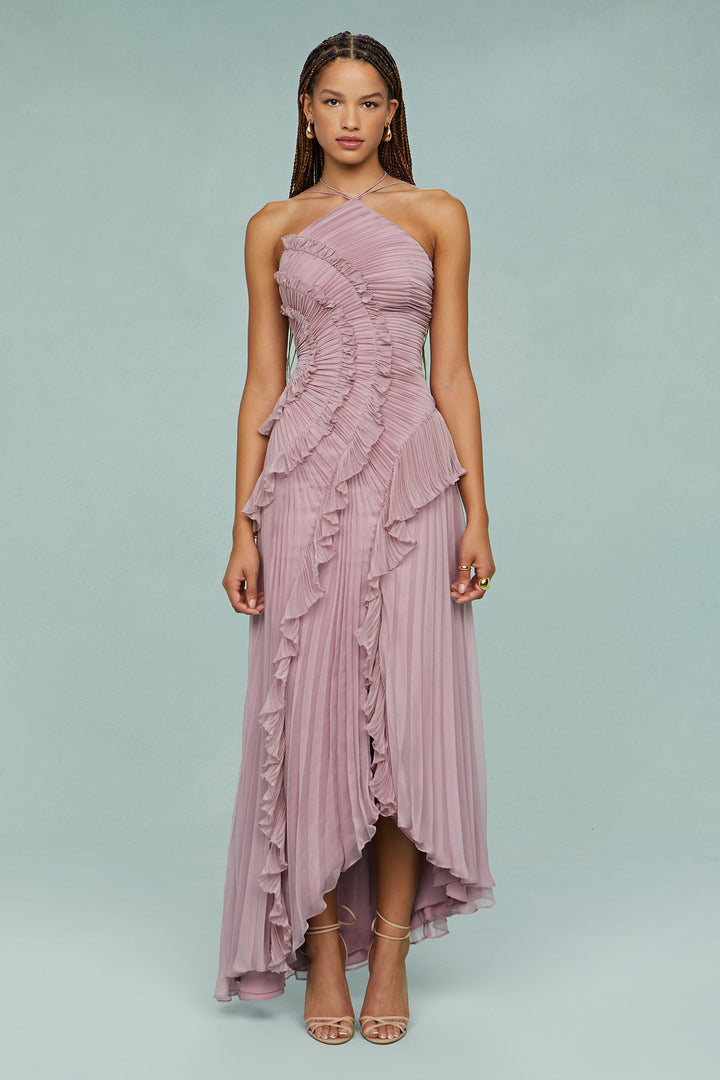 Women's Chic Ruffle Halter Maxi Wedding Guest Dress in elegant dusty mauve.