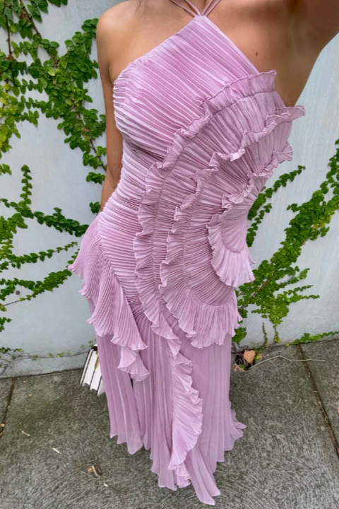 Dusty mauve maxi wedding guest dress with chic ruffles & halter neckline for special occasions.