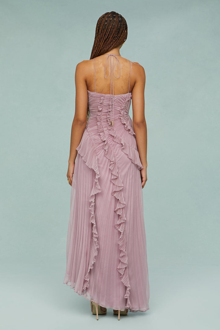 Stunning dusty mauve ruffled halter maxi dress for women, ideal for weddings and formal events.