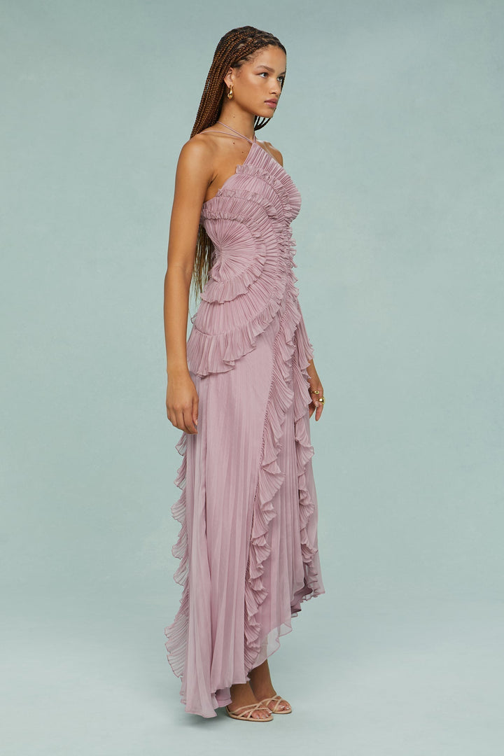 Women's elegant dusty mauve ruffle halter maxi wedding guest dress.