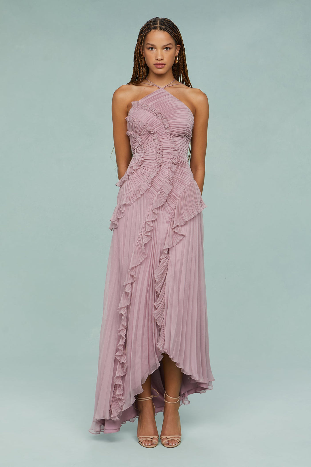Elegant women's dusty mauve maxi dress with halter neckline & romantic ruffles, perfect for guests.