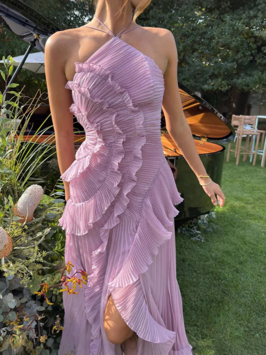 Women's dusty mauve ruffle halter maxi dress, a chic choice for any wedding guest or formal party.