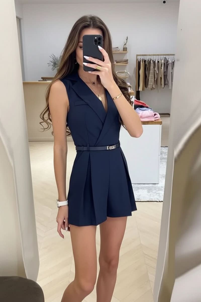 Stylish black women's sleeveless belted romper. A versatile piece for casual summer outings and daywear.