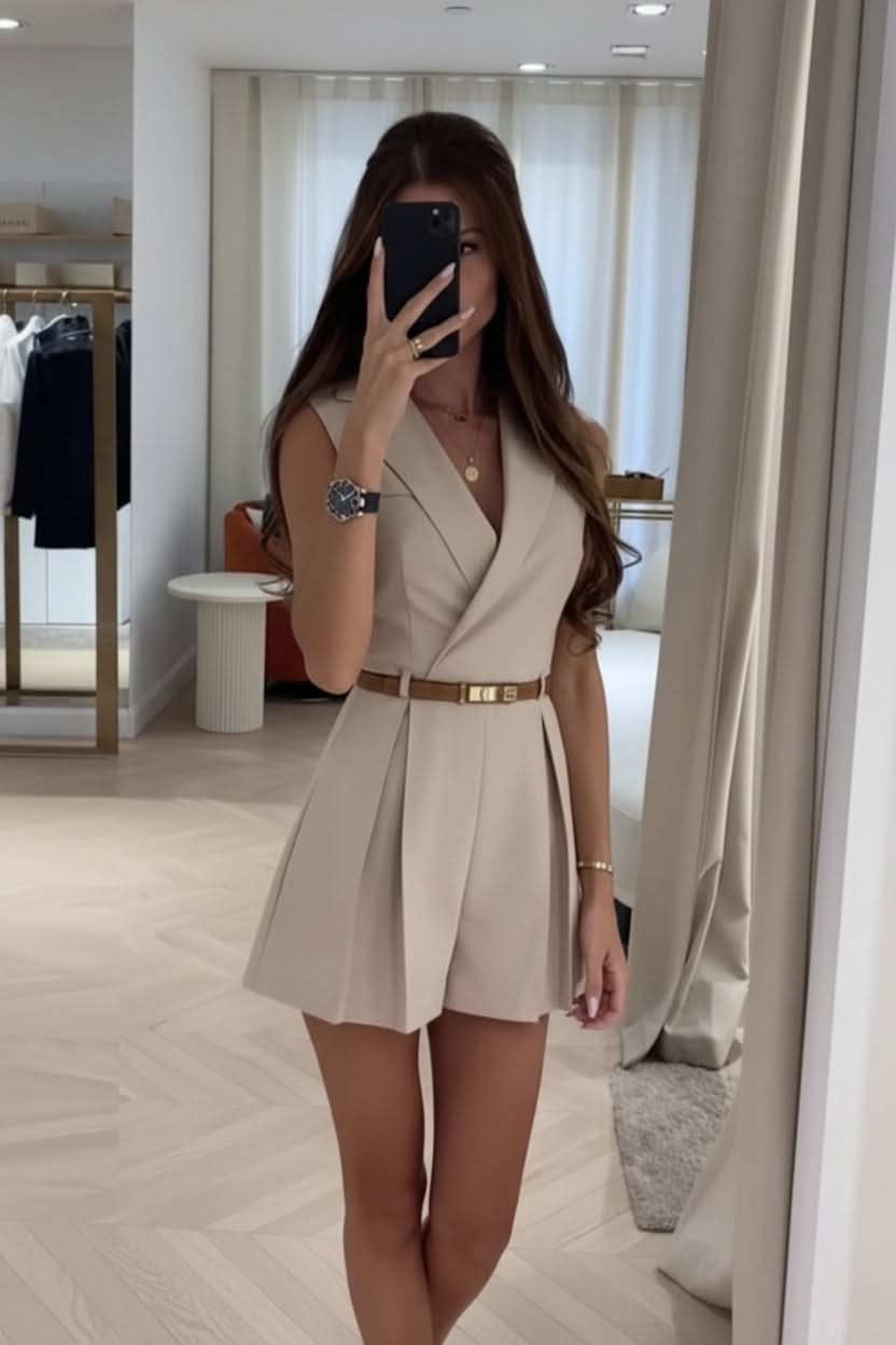 Comfortable women's sleeveless belted romper, ideal for chic summer daywear and vacation looks.