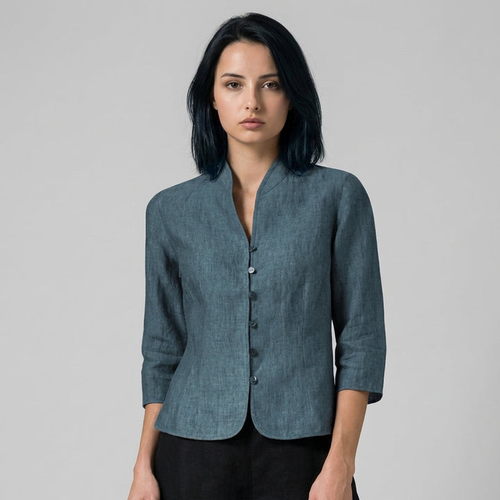 Women's chic stand-collar blouse with three-quarter sleeves & button front, perfect for versatile wear.