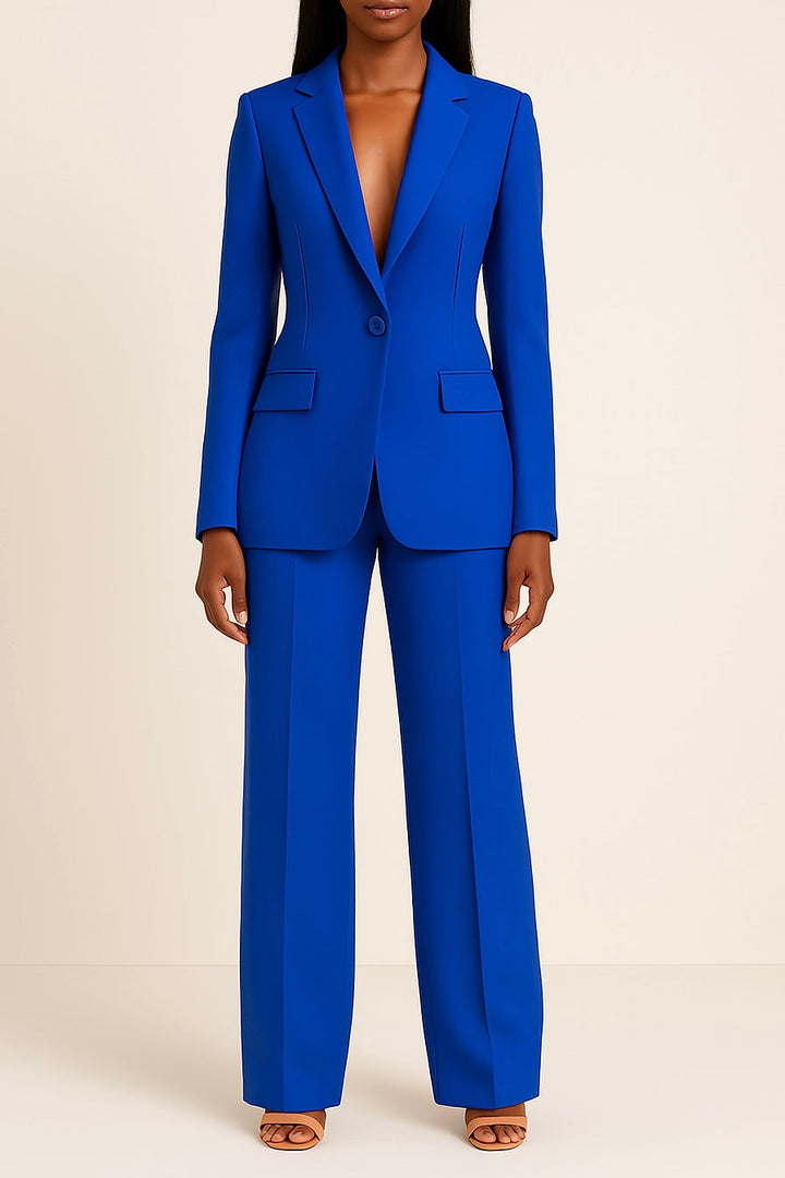 Elegant women's black power suit. Tailored blazer and straight-leg trousers for a polished look