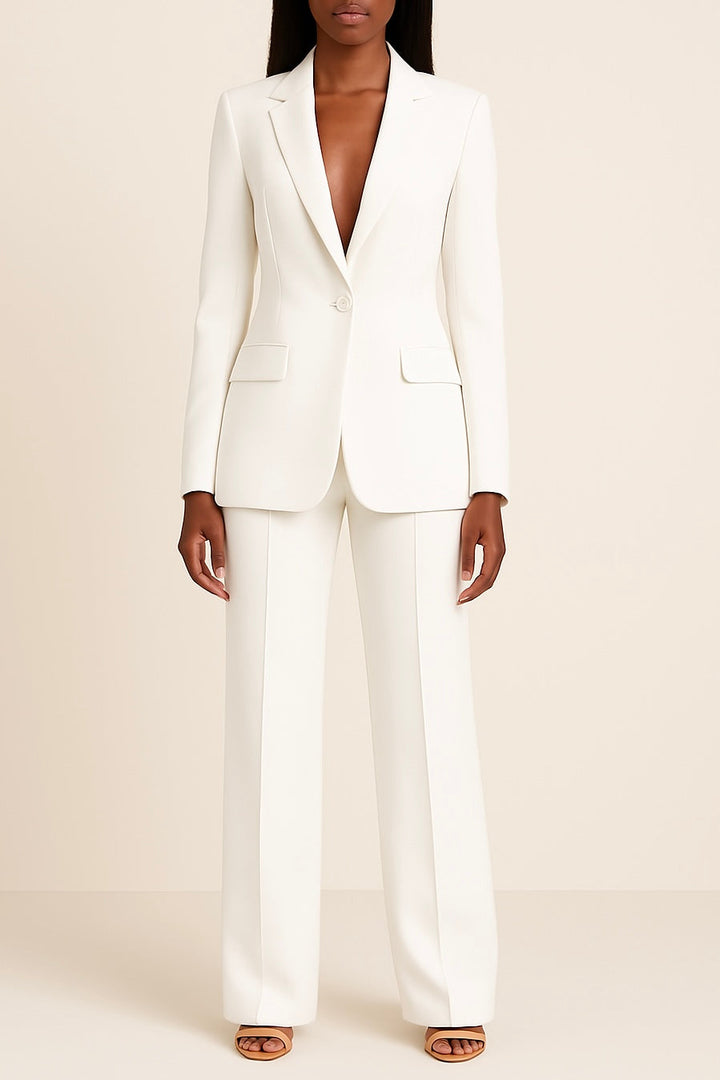Formal women's two-piece suit: a well-fitted blazer & trousers, emphasizing professionalism