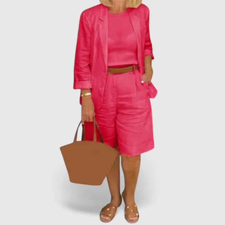 Women's chic two-piece blazer & Bermuda shorts set, perfect for summer fashion & resort wear.