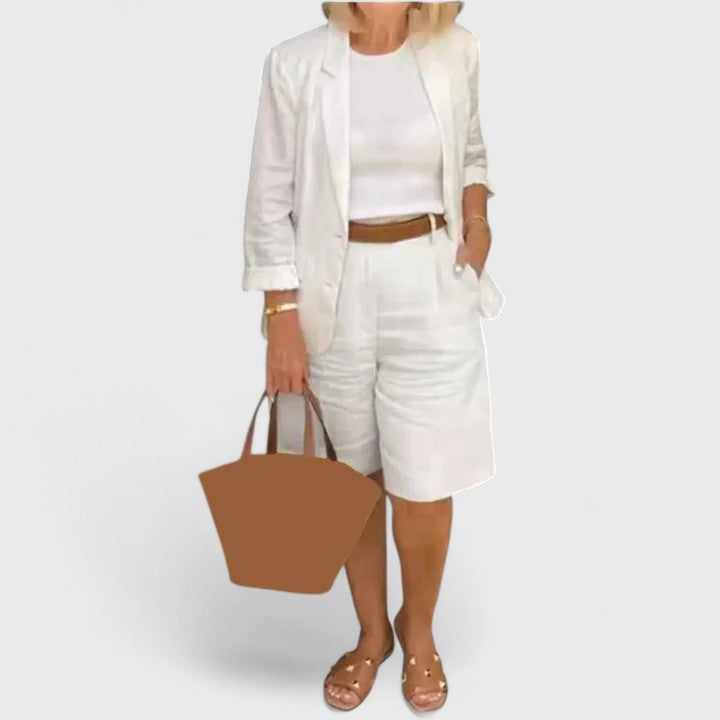 Stylish women's co-ord with a relaxed fit blazer and tailored Bermuda shorts for a smart casual look.