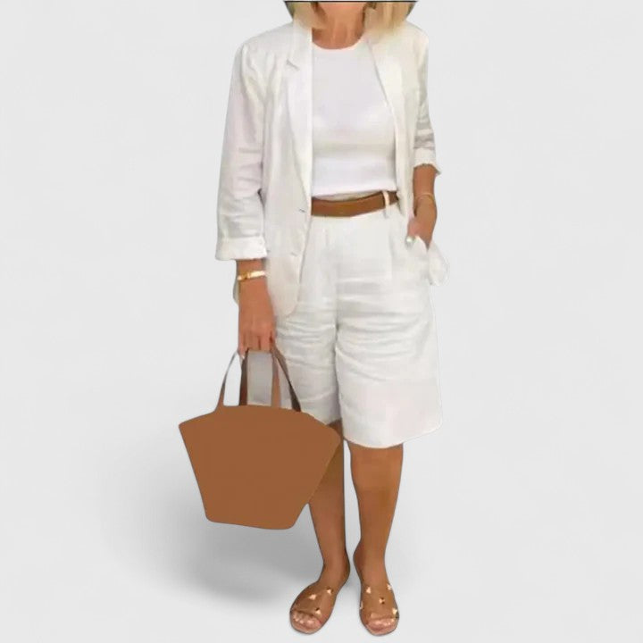 Chic women's two-piece set featuring a fashionable blazer and matching Bermuda shorts, perfect for summer.