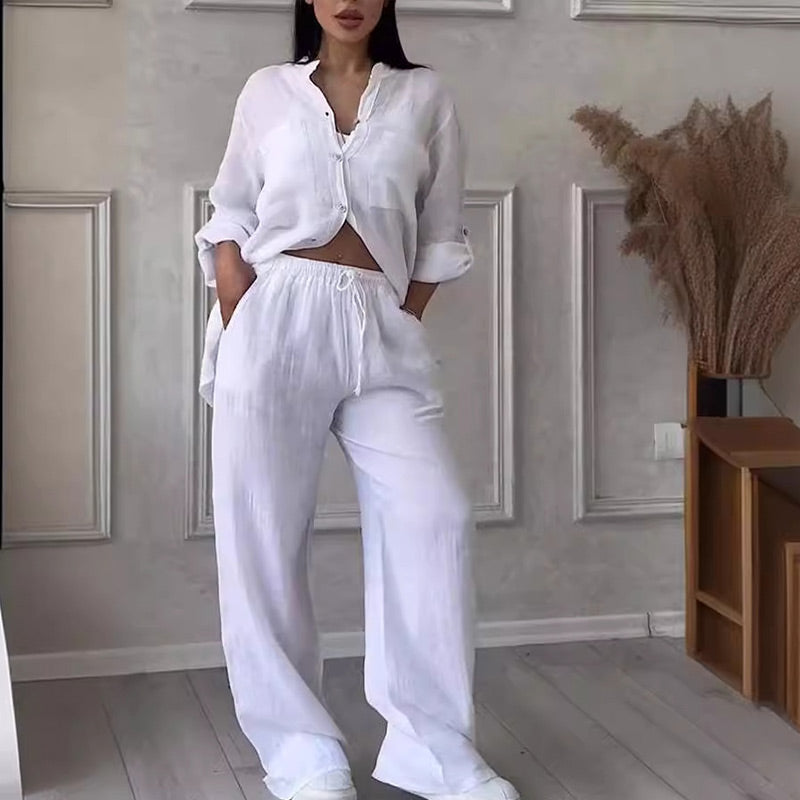 Women's chic two-piece matching set with a relaxed fit button-down shirt and wide-leg pants, perfect for summer casual wear.