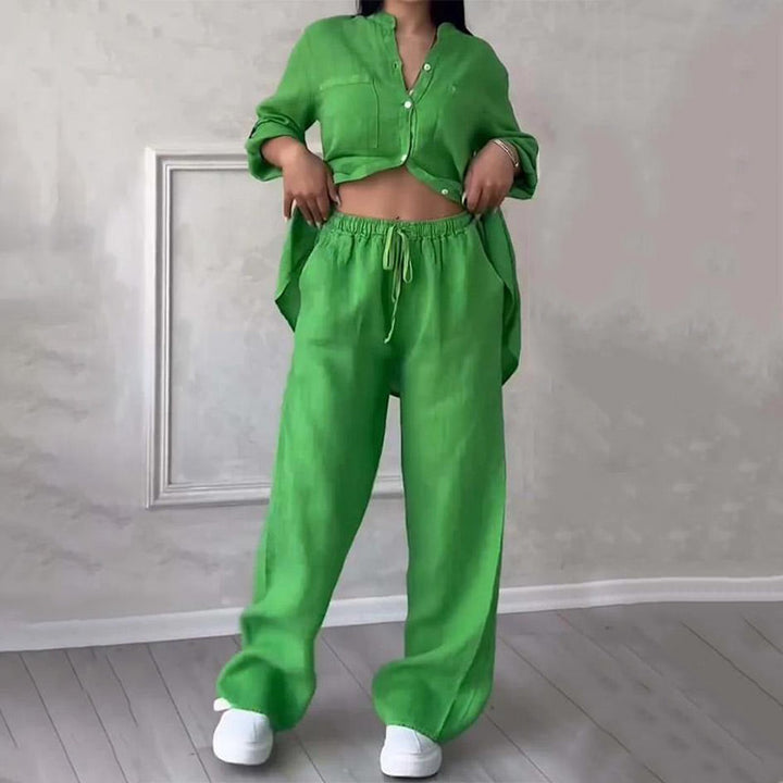 Coordinated women's two-piece matching set featuring a relaxed button-down shirt and stylish wide-leg pants for chic wear.