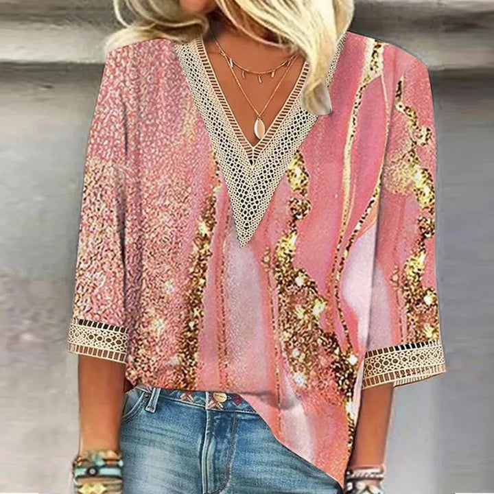 Women's chic V-neck blouse, relaxed fit, perfect for elegant summer wear & daily outfits.