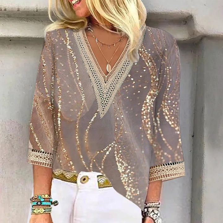 Comfortable women's V-neck top, relaxed fit, ideal for casual summer days & warm weather fashion.