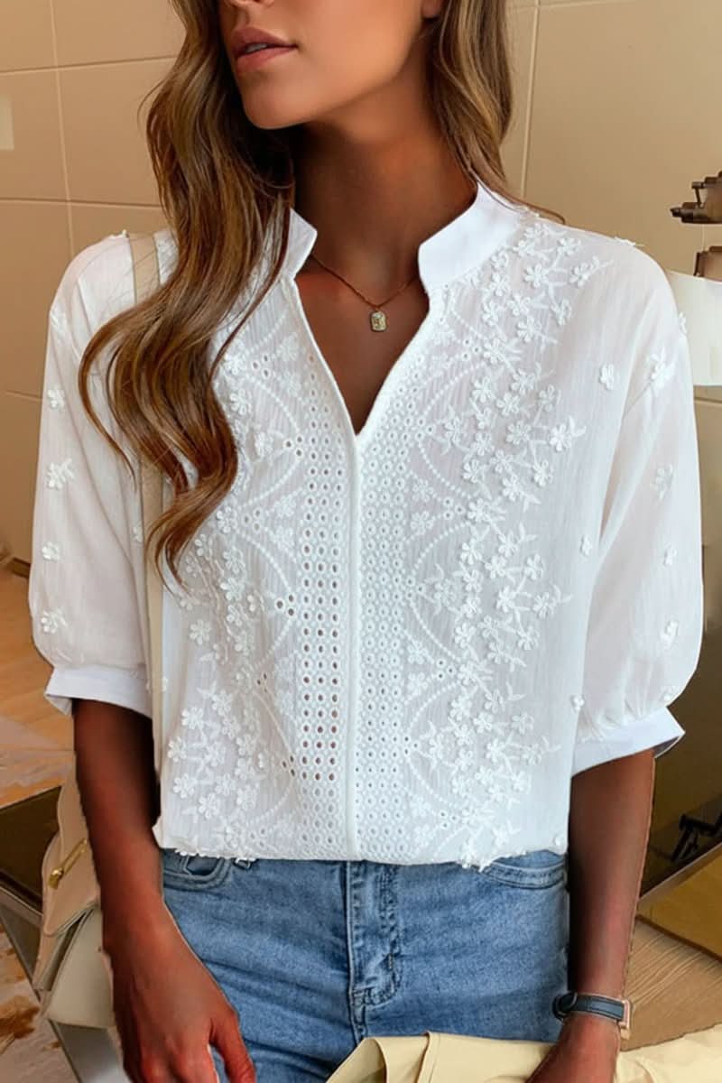 Women's chic V-neck elegant short sleeve top, perfect for versatile office wear or casual chic everyday style.