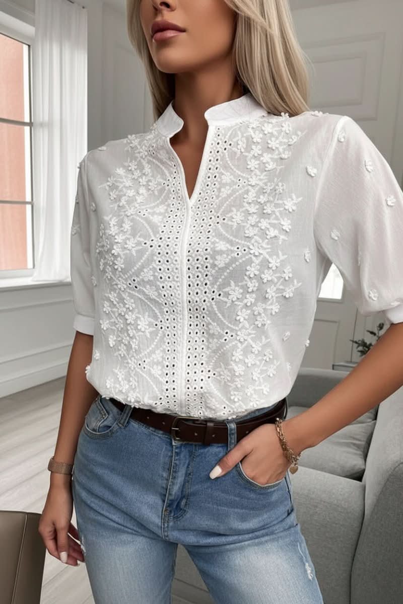 Soft, elegant women's V-neck top with a flattering short sleeve design, perfect for sophisticated casual or work outfits.