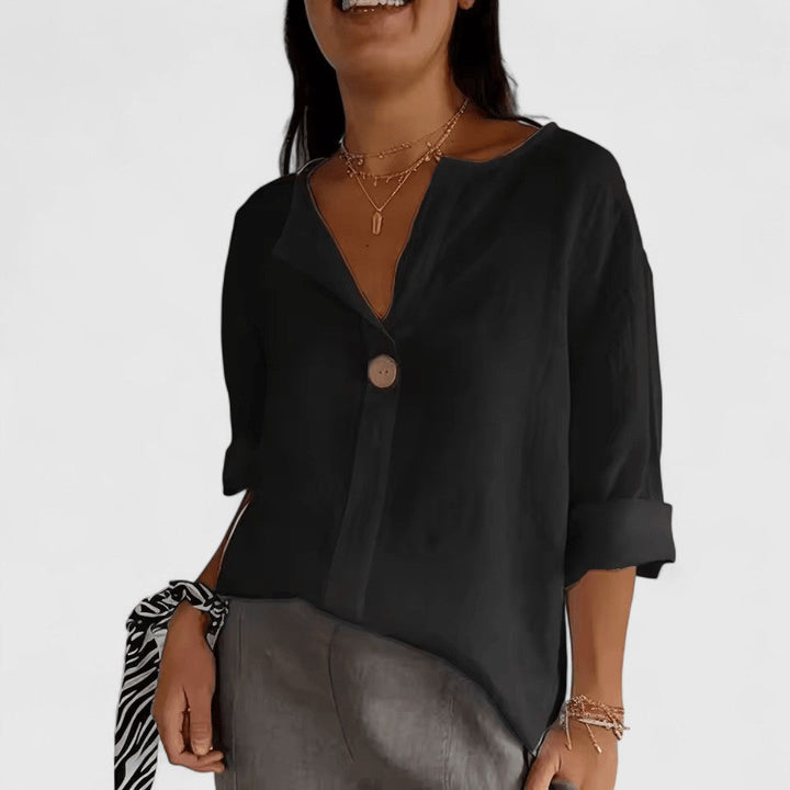 Women's chic V-neck knot blouse. Effortless loose-fit summer top. Casual & elegant everyday fashion.
