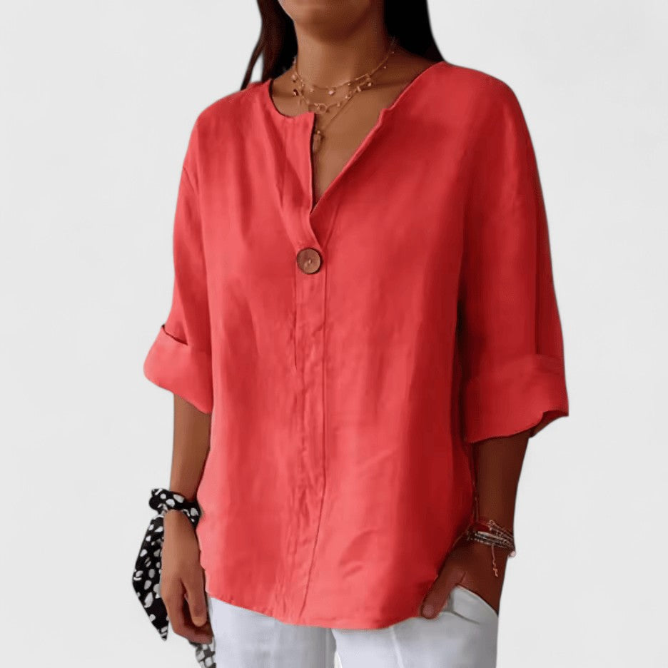 Relaxed V-neck knot blouse for women. Versatile summer top, perfect for casual chic or elegant everyday wear.