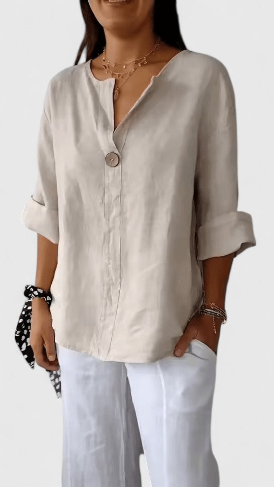 Lightweight women's V-neck knot blouse. Casual loose-fit top, perfect for relaxed summer fashion & everyday wear.