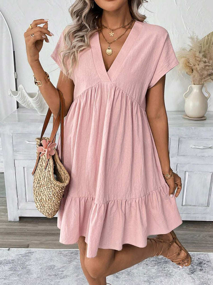 Lightweight women's summer mini dress, a chic V-neck design with a fashionable ruffle hem, great for beach or casual wear.