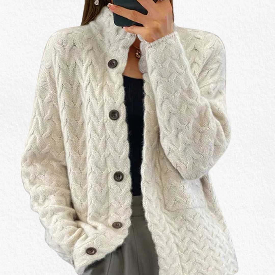 Women's chunky cable knit button cardigan, a cozy and relaxed fit long sleeve sweater perfect for fall & winter layering.