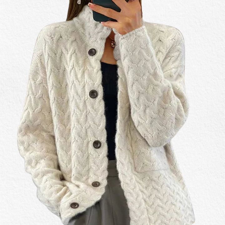 Women's chunky cable knit button cardigan, a cozy and relaxed fit long sleeve sweater perfect for fall & winter layering.