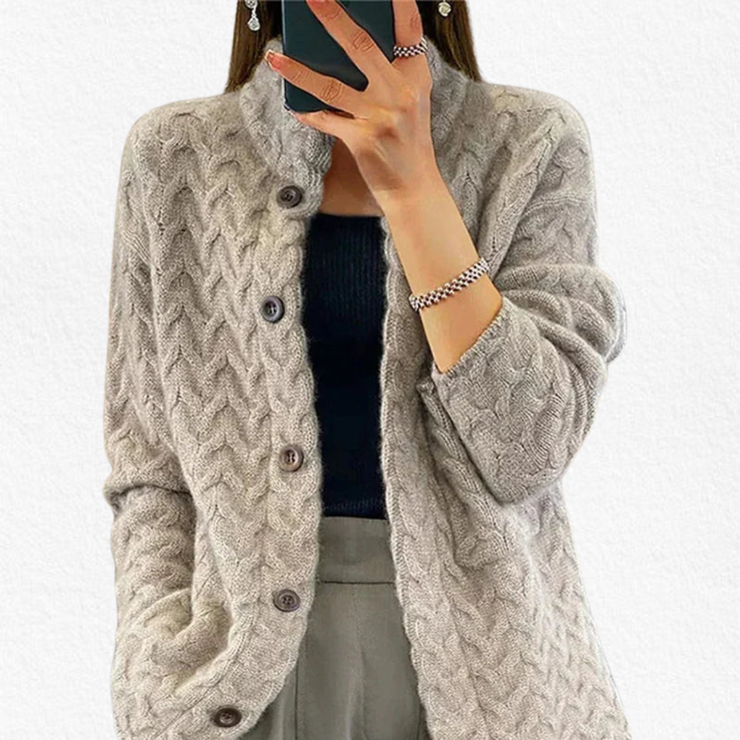 Classic women's cable knit button-up cardigan. A timeless, casual layering piece, ideal for everyday wear and knitwear.