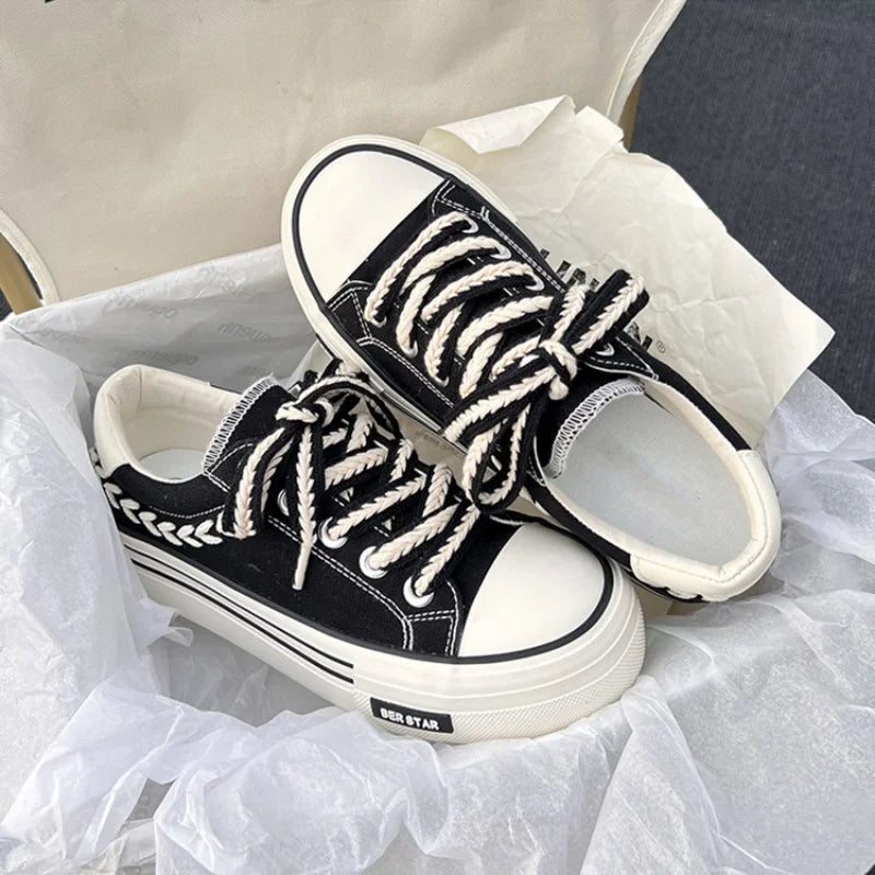 Fashionable women's chunky platform lace-up sneakers, offering comfortable and elevated style for spring summer.