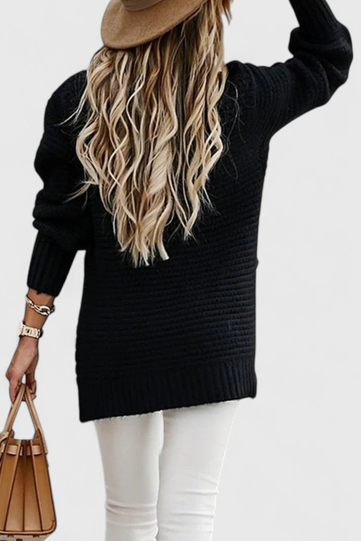 Women's chunky ribbed mock neck sweater, a cozy pullover for warm winter fashion.