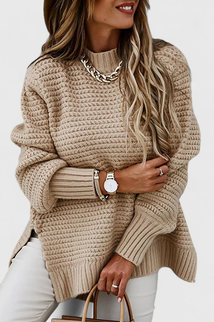 Oversized women's chunky knit sweater with a ribbed mock neck, perfect for casual, relaxed fit style.