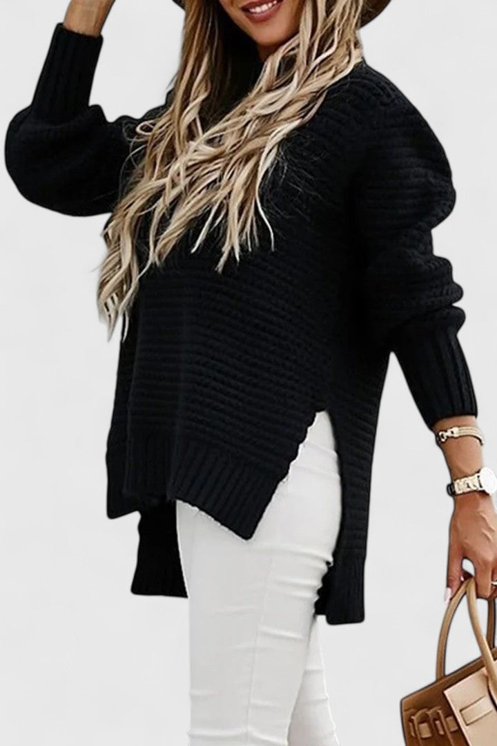 Warm long sleeve women's sweater, featuring chunky ribbed knit and a stylish mock neck. Ideal for winter.