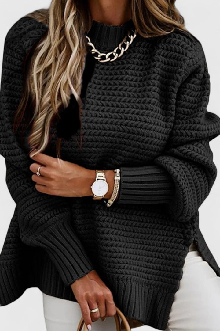 Casual women's chunky ribbed mock neck pullover. A cozy and relaxed fit sweater for cold weather.
