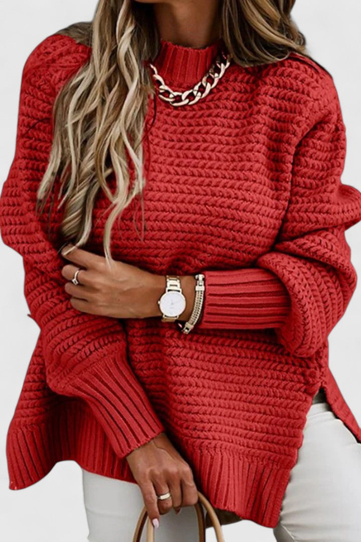 Soft women's long sleeve chunky knit sweater with a ribbed mock neck. Essential cozy winter fashion.