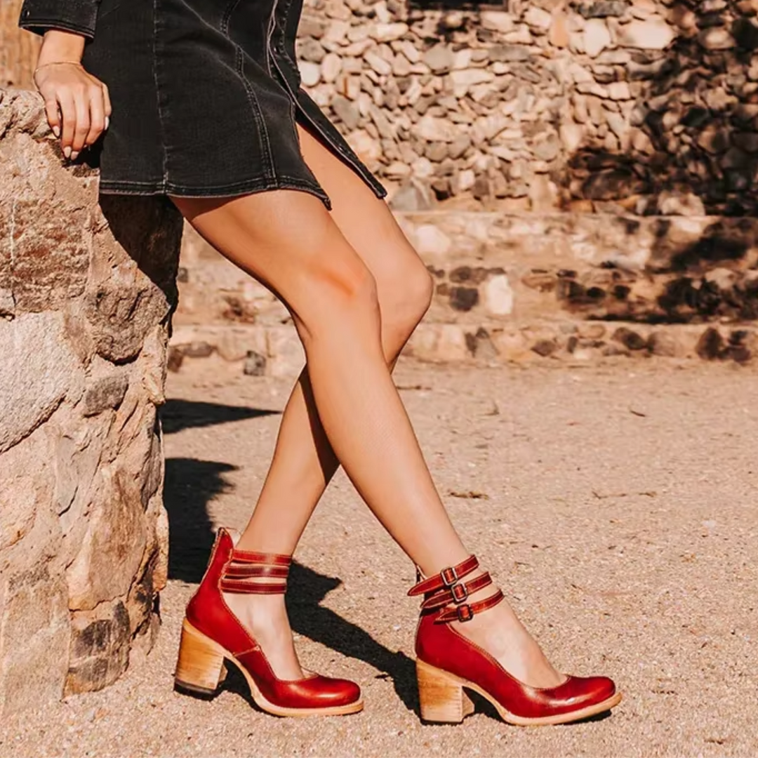 Women's classic ankle strap block heel pumps with a comfortable round toe. Versatile dress shoes.