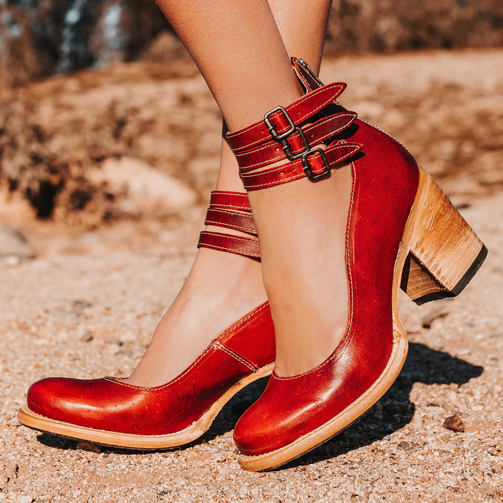 Stylish women's pumps: round toe, sturdy block heel, adjustable ankle strap for ultimate comfort.