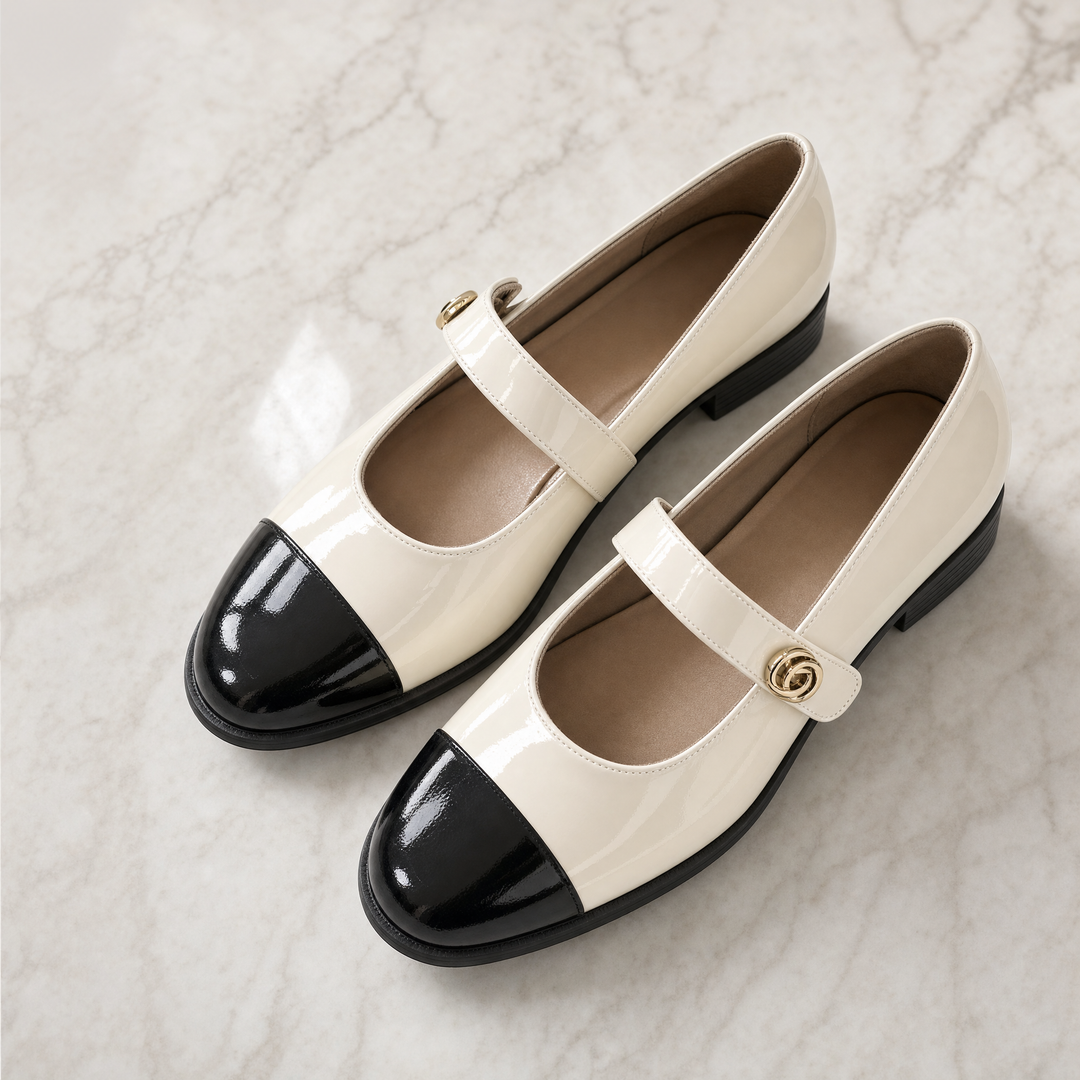 Stylish patent finish women's Mary Jane flats with spacious wide toe box & arch support.