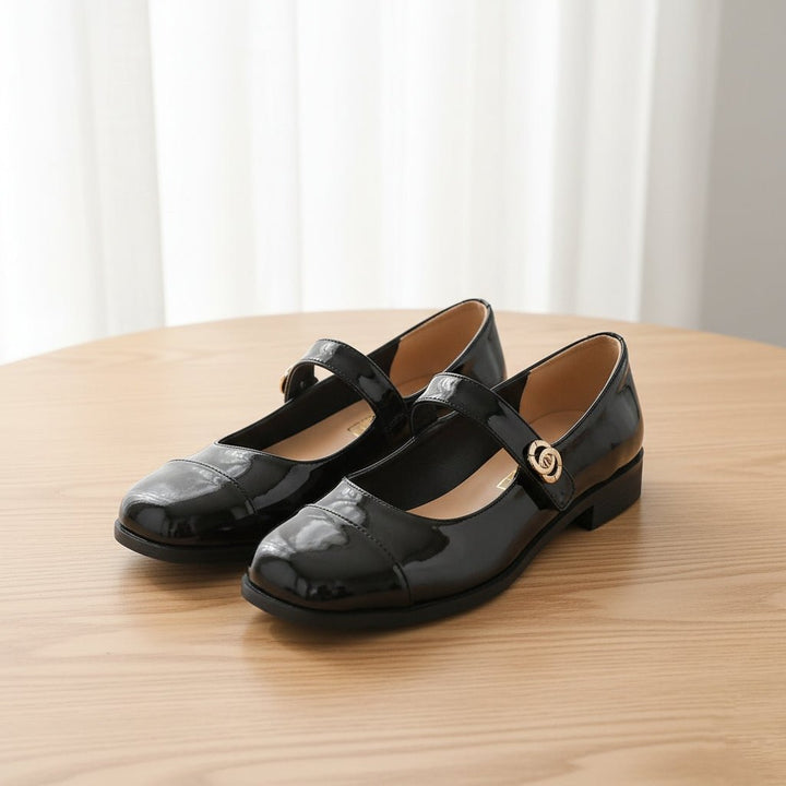 Front view of classic women's wide toe box Mary Jane shoes, perfect for all-day wear & support.