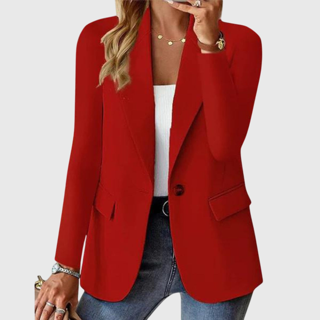 Women's classic black notch-lapel single-breasted blazer. Tailored workwear jacket for professional & smart casual style.