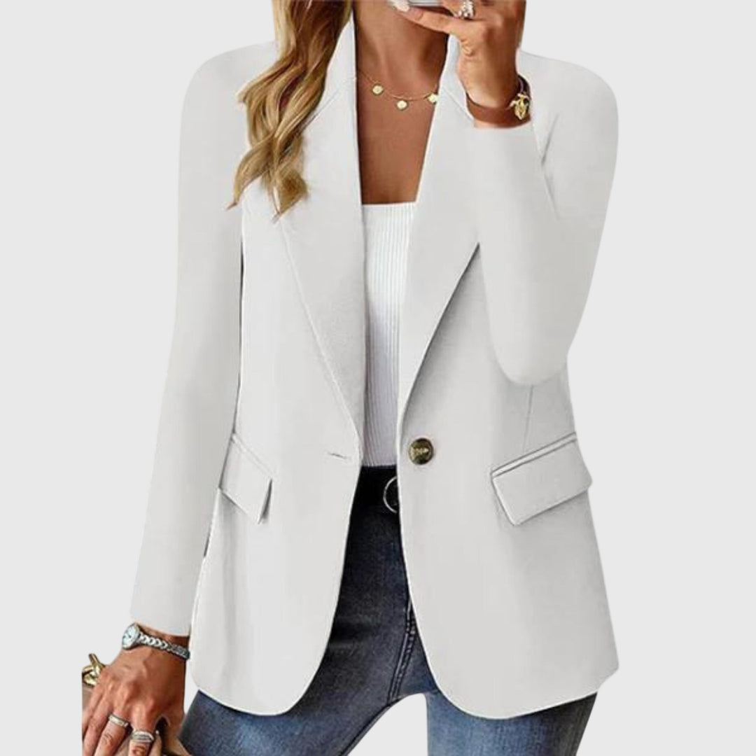 Stylish red women's single-breasted blazer with classic notch lapel. Versatile tailored jacket for work & casual.