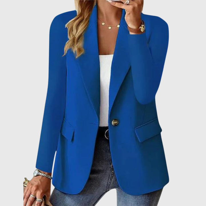 Elegant blue women's notch-lapel single-breasted blazer. Professional tailored jacket, perfect for workwear & smart casual.